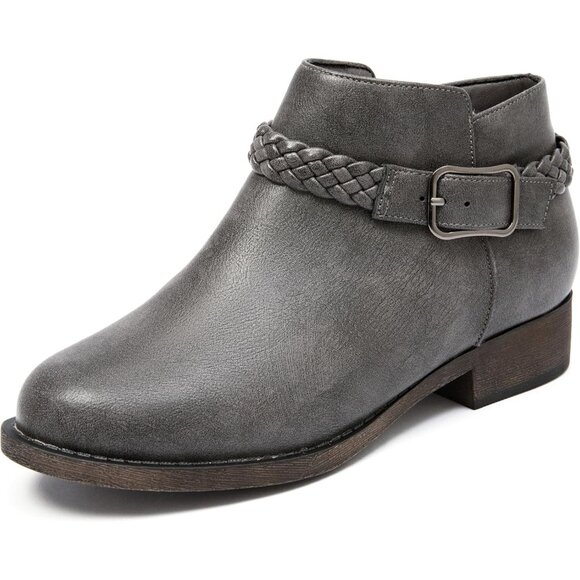 Veittes Women's Grey Comfort Slip On Low Chunky Heel Boot with Buckle Strap - Picture 1 of 6